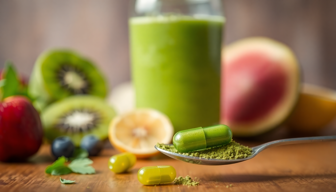 flass with a smoothie and a small green capsule with green powder inside  on a teaspoon on the table, Fruits for smoothie in the background