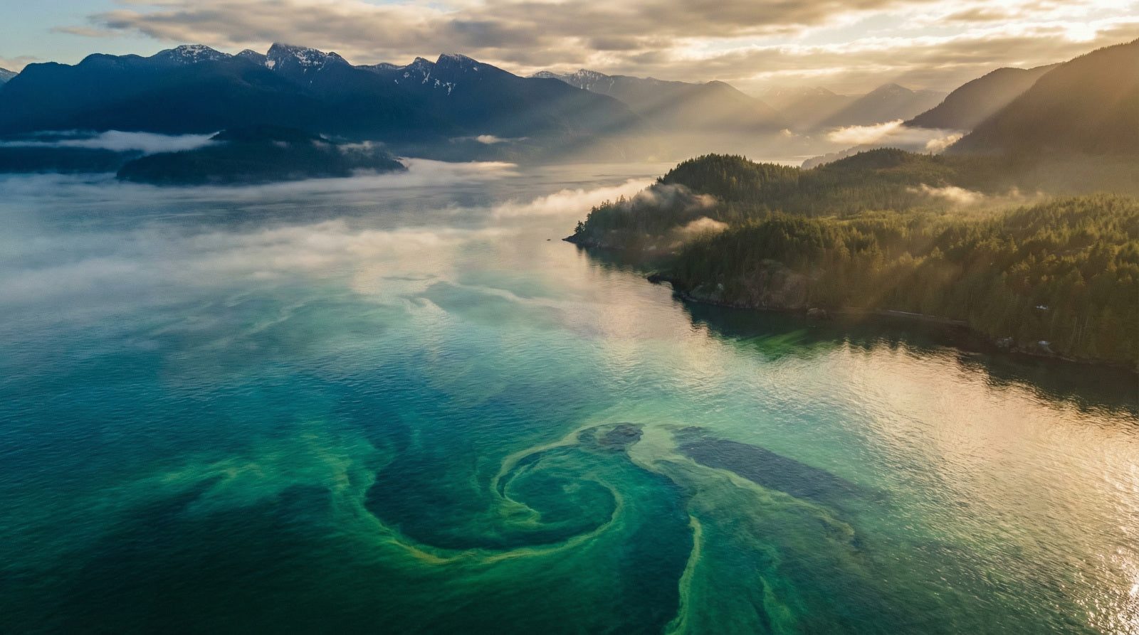 Aerial view of Georgia Straight with green algae blooms surrounded by mountains and forests.