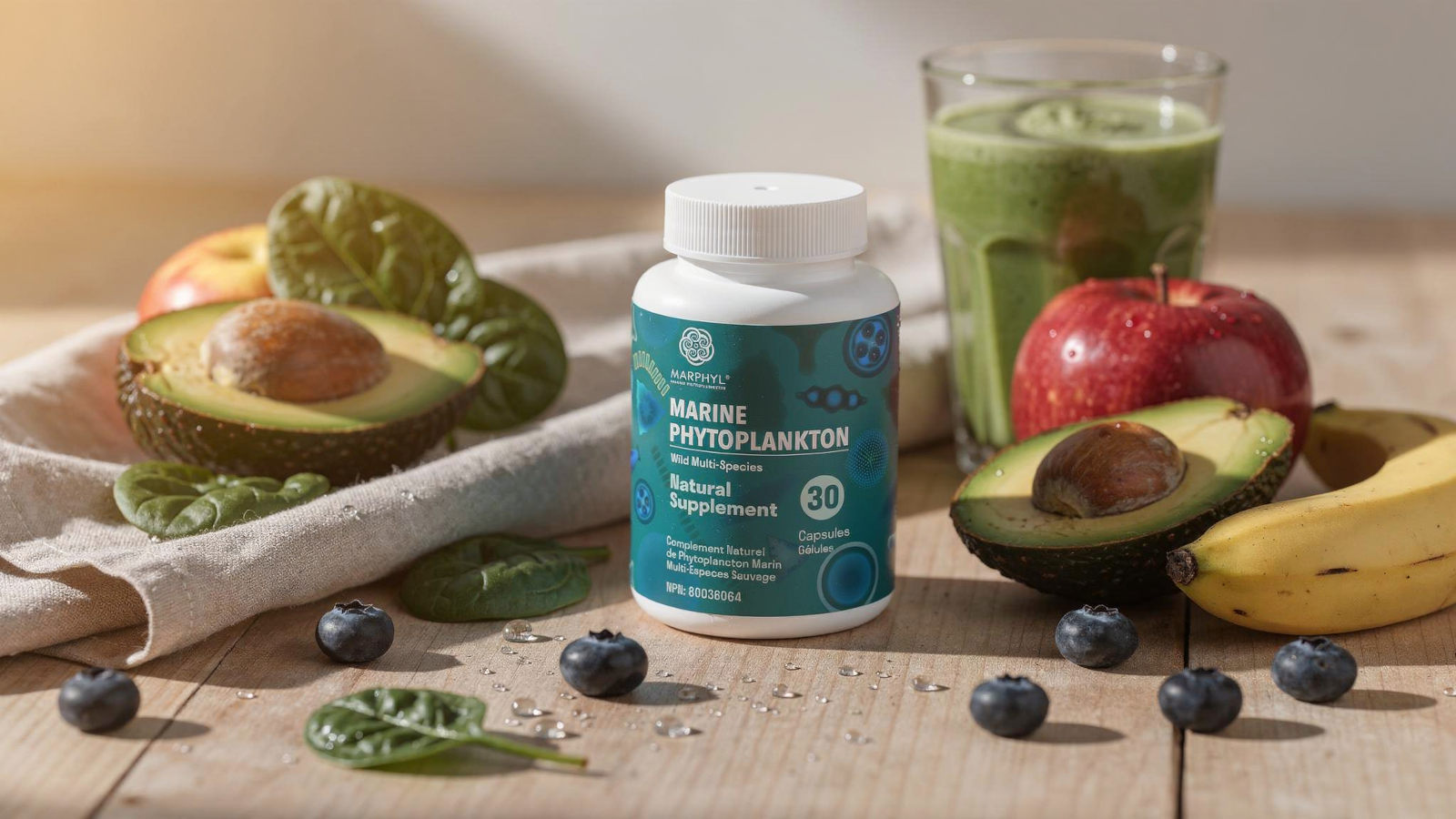 Supplement bottle labeled 'Marine Phytoplankton' surrounded by fruits and a smoothie on a wooden surface.